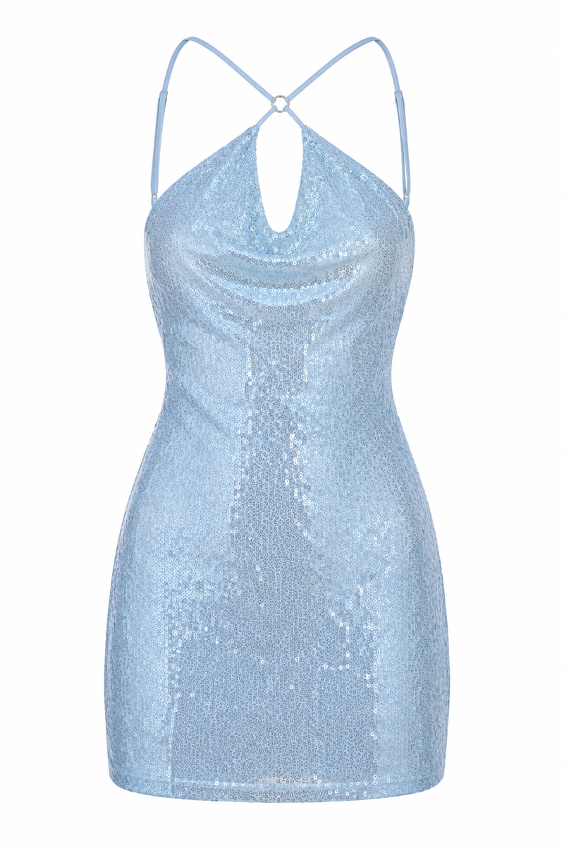 Peppermayo Nora Sequin Cowl Neck Mini Dress in Blue (Like New) – DETOURE