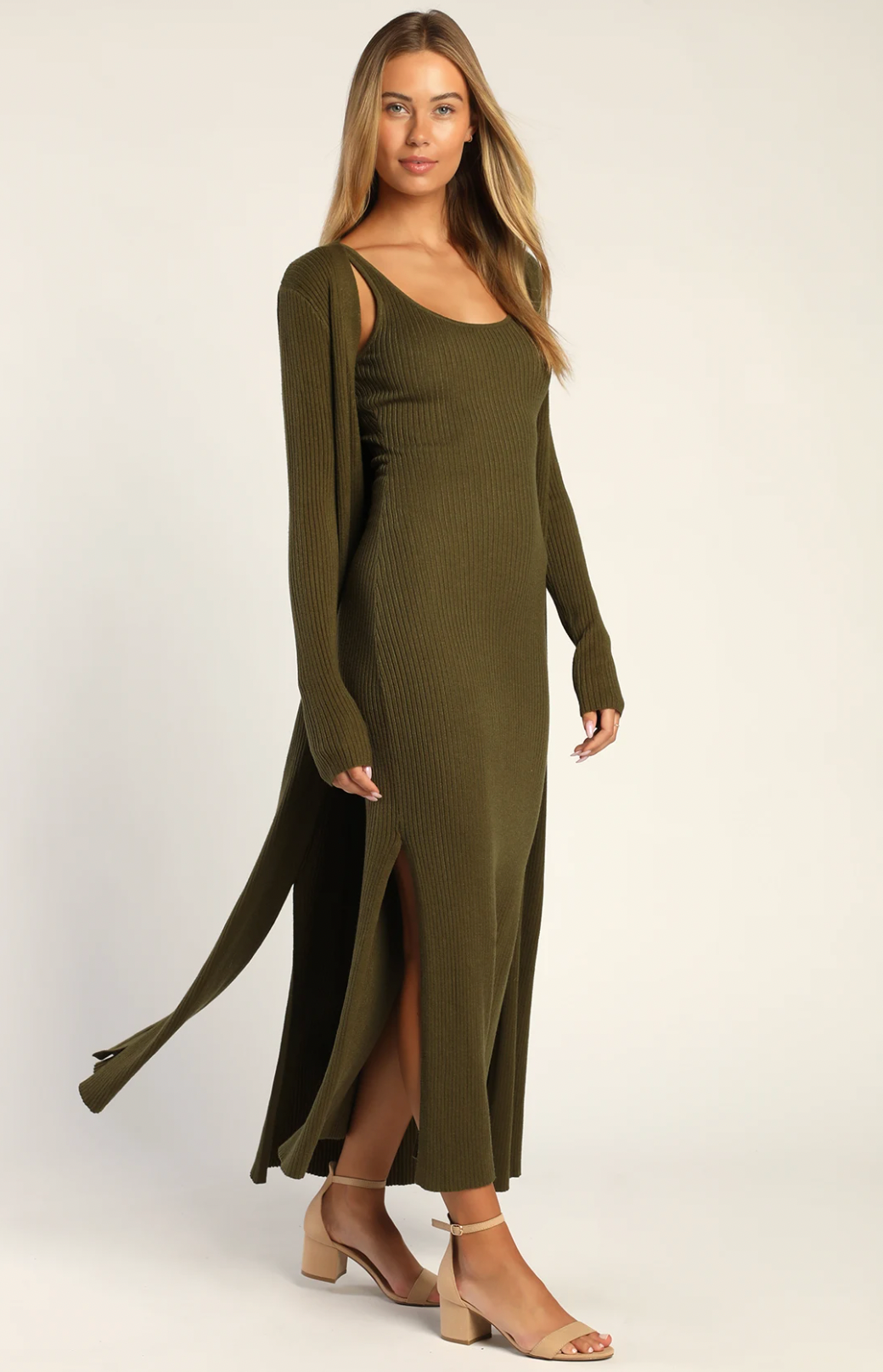 Lulus - Olive Ribbed Knit Two-Piece Dress & Cardigan Set - NEW WITH TAGS