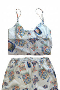 Beginning Boutique - Bridget White Satin Italia Print Pants & Tank - M (Like New)