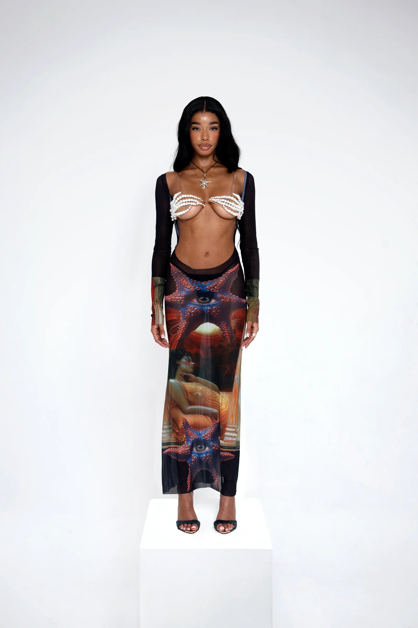 Haus of Paris - Verano Starfish Tarot - Maxi Black Tulle Mesh Dress (Like New)