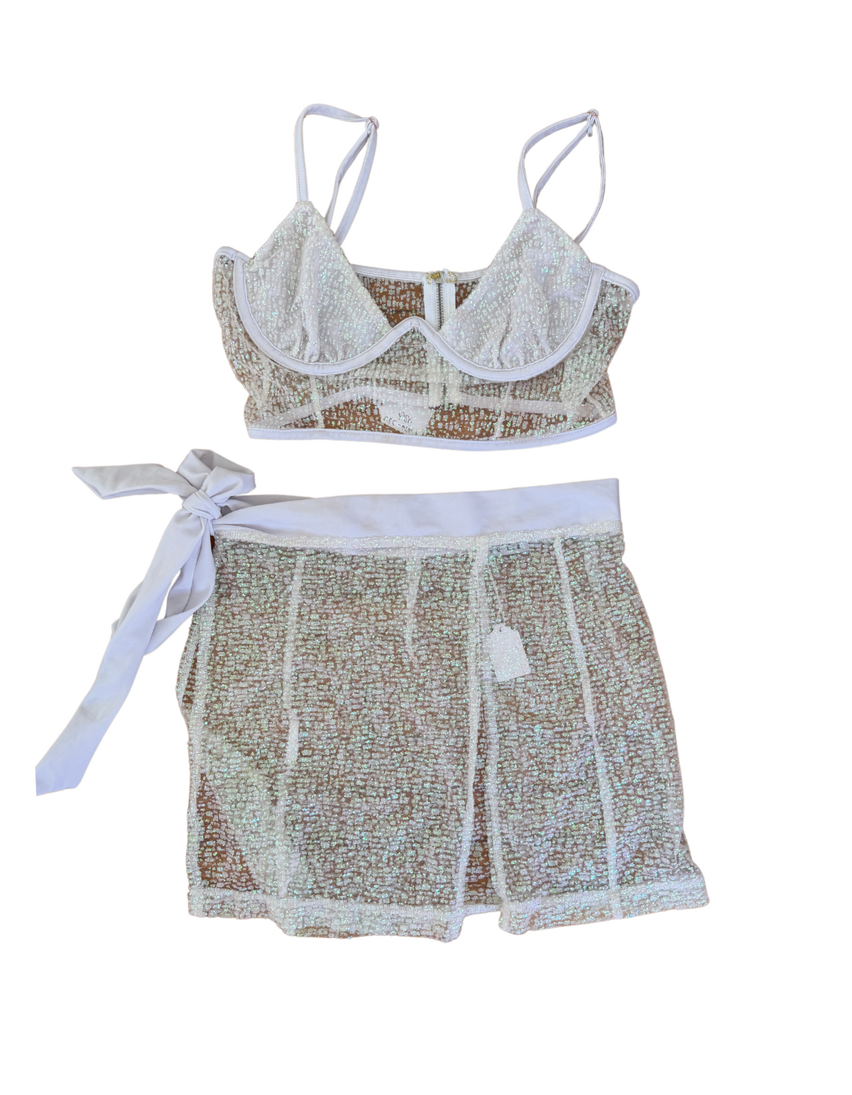 Beginning Boutique White Sequin Bustier & Mini Skirt Set (Like New)