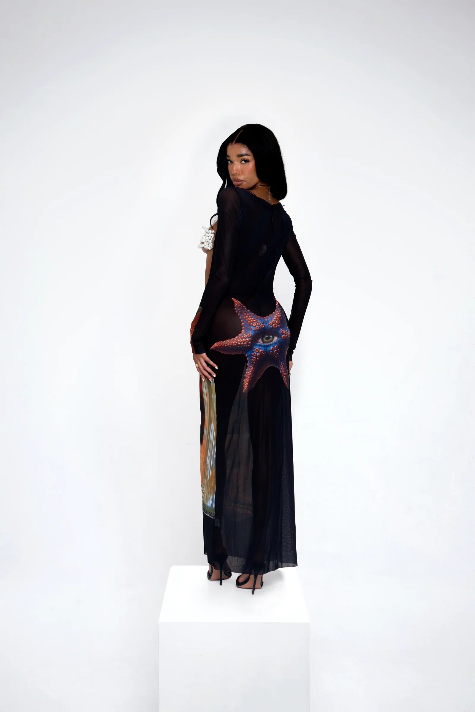 Haus of Paris - Verano Starfish Tarot - Maxi Black Tulle Mesh Dress (Like New)