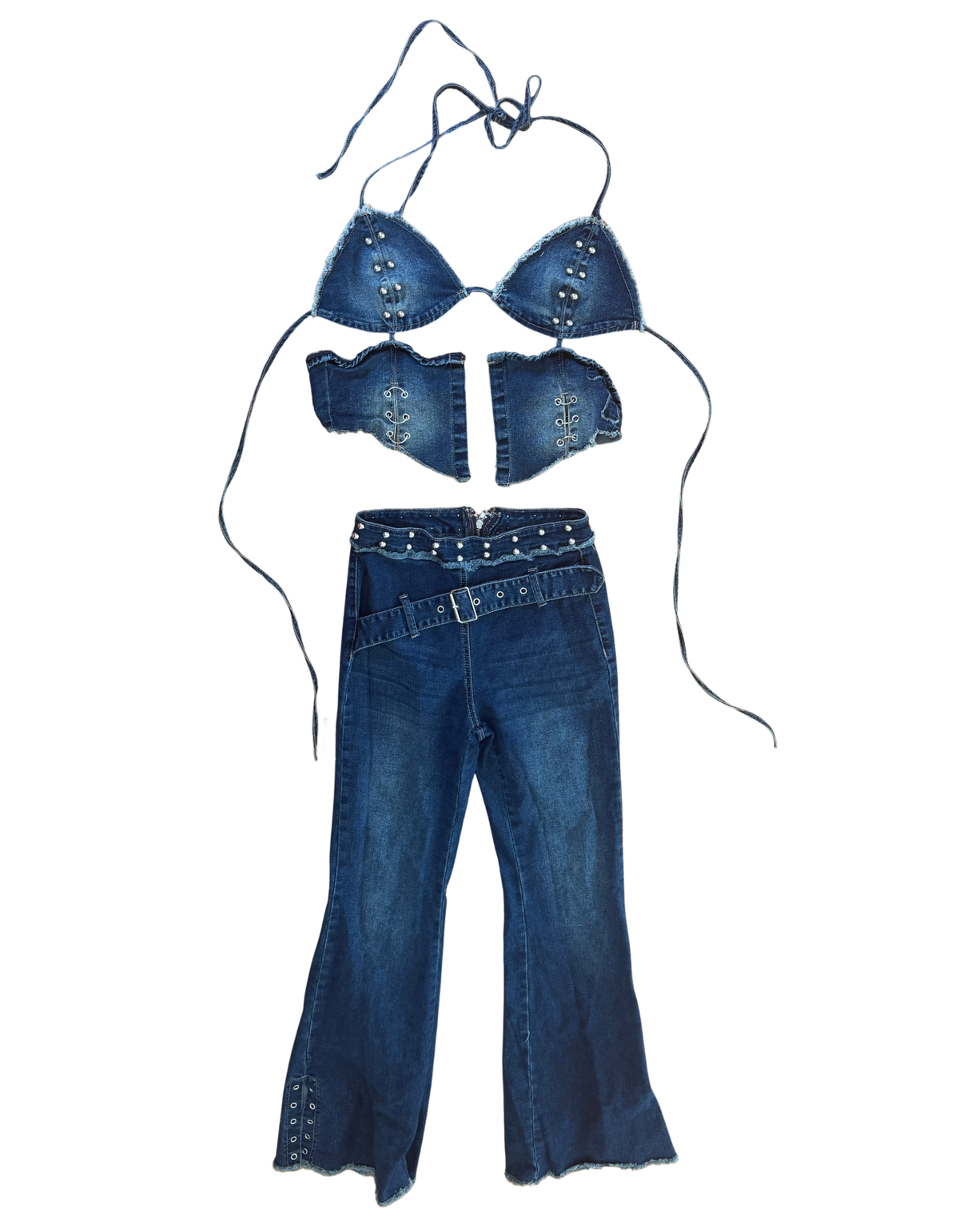 Fashion Nova - Showing Off Denim Pant Set Blue Wash - XS (Like New)