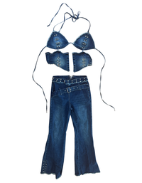 Fashion Nova - Showing Off Denim Pant Set Blue Wash - XS (Like New)