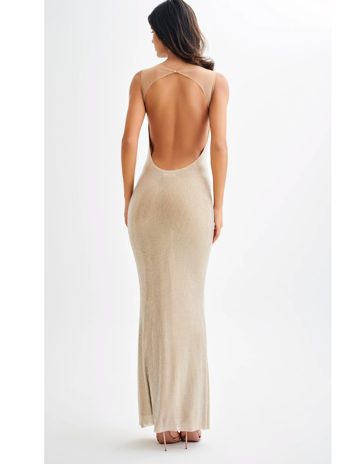 MESHKI Jasmyn Hot Fix Maxi Dress With Mesh Back - Nude - M (Like New)