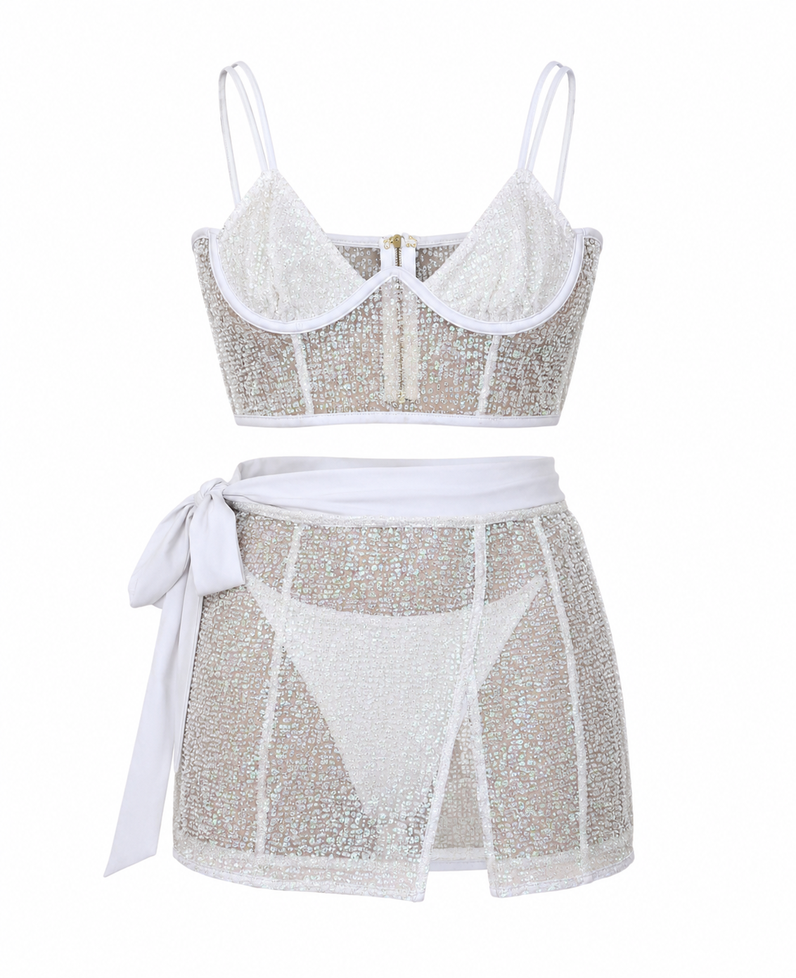 Beginning Boutique White Sequin Bustier & Mini Skirt Set (Like New)