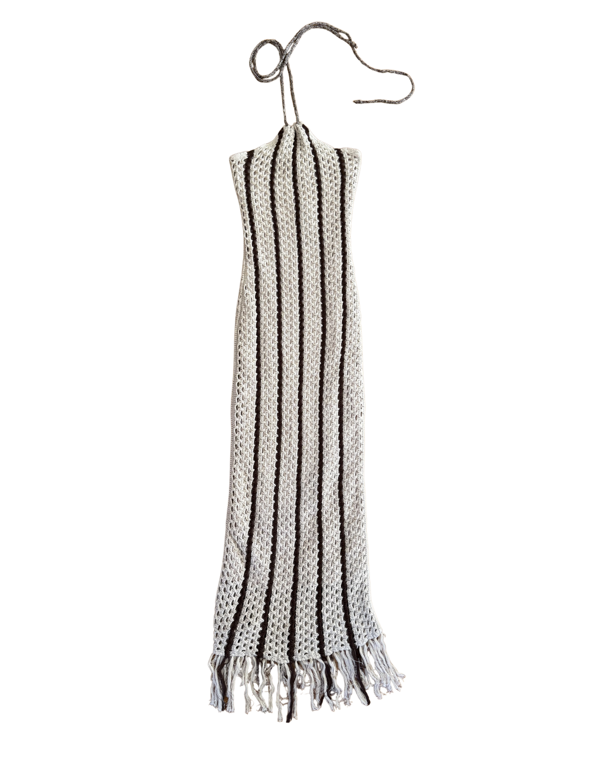 Lulus - Hedia Beige Striped Crochet Halter Fringe Midi Dress - XS (New With Tags)