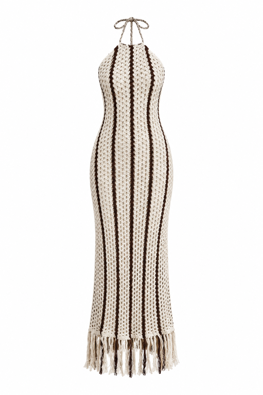Lulus - Hedia Beige Striped Crochet Halter Fringe Midi Dress - XS (New With Tags)