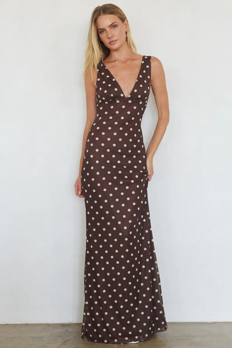 American Threads - Lettie Mesh Maxi Dress -  Brown Polka Dot - Size Small (Like New)