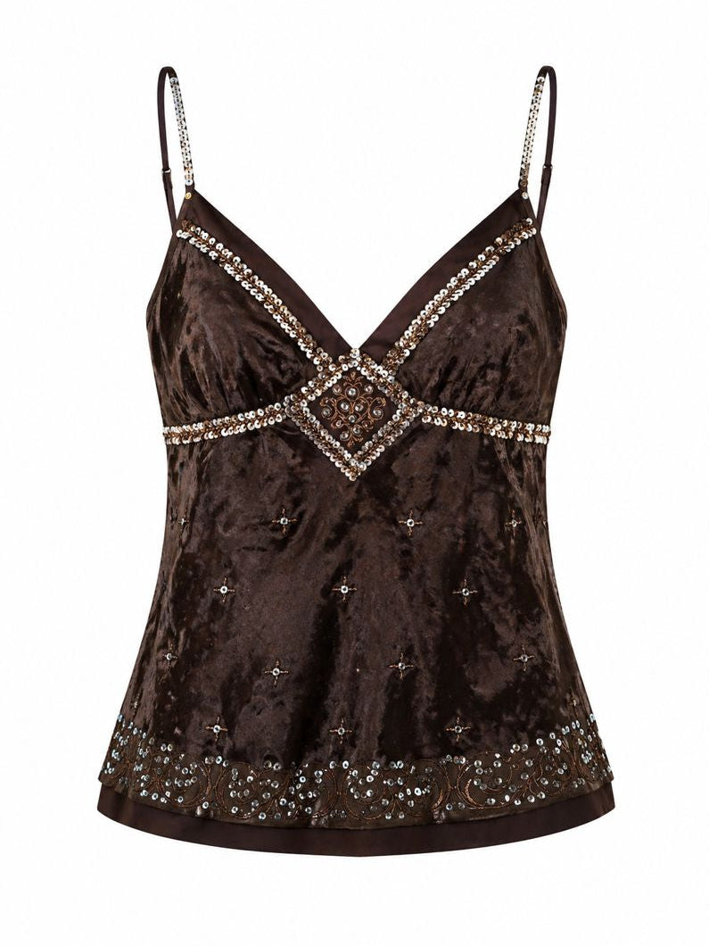 Bebe - Vintage Brown Velvet Beaded Tank - Bebe Y2K Tank - Size S (Gently Used)