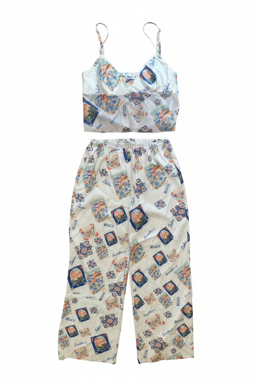 Beginning Boutique - Bridget White Satin Italia Print Pants & Tank - M (Like New)