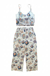 Beginning Boutique - Bridget White Satin Italia Print Pants & Tank - M (Like New)