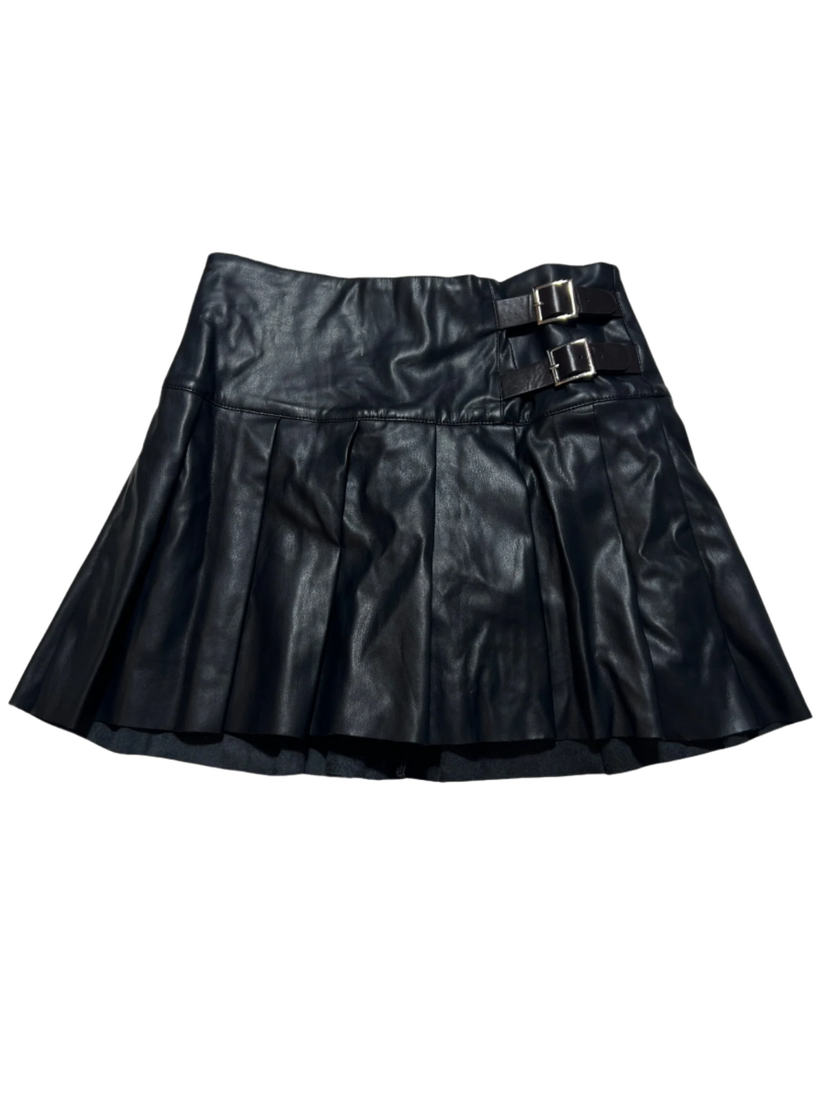 WeWoreWhat- Black "Buckle" Leather Pleated Mini Skirt