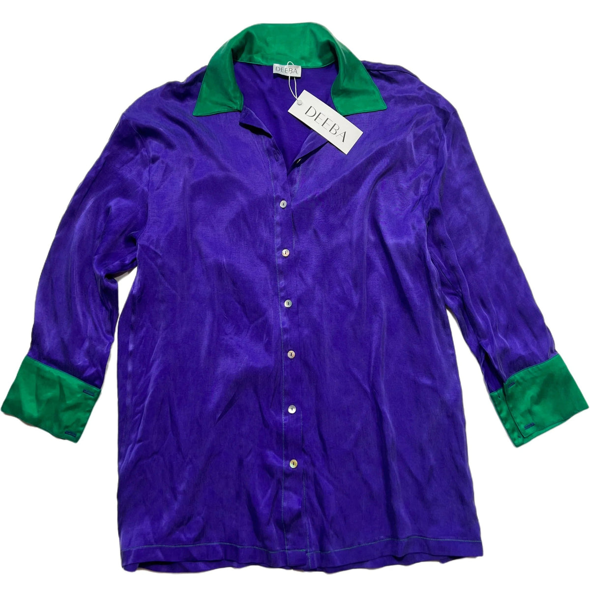 Deeba- Purple and Green Satin Button Up New With Tags!