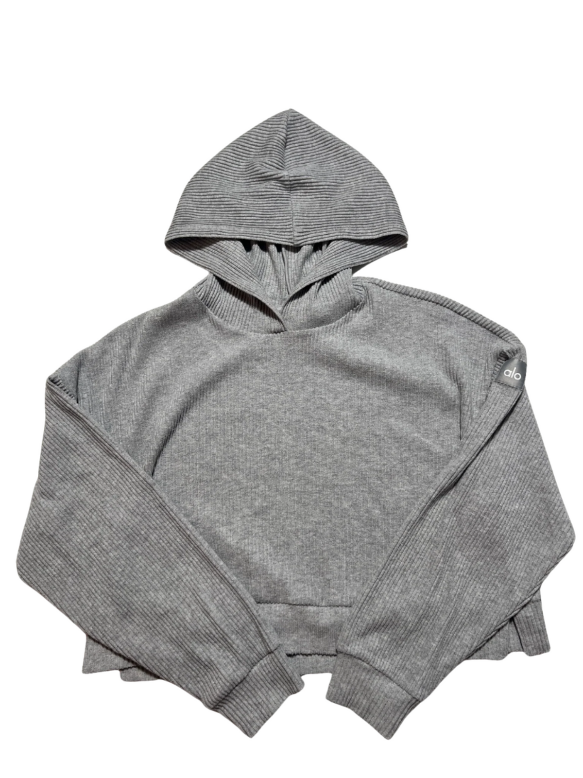 Alo- Gray "Muse" Ribbed Cropped Hoodie