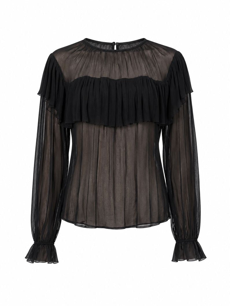 Maje - Ruffled Chiffon Top - Black Sheer Long Sleeve Blouse - Size 2 (Gently Used)