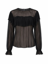 Maje - Ruffled Chiffon Top - Black Sheer Long Sleeve Blouse - Size 2 (Gently Used)