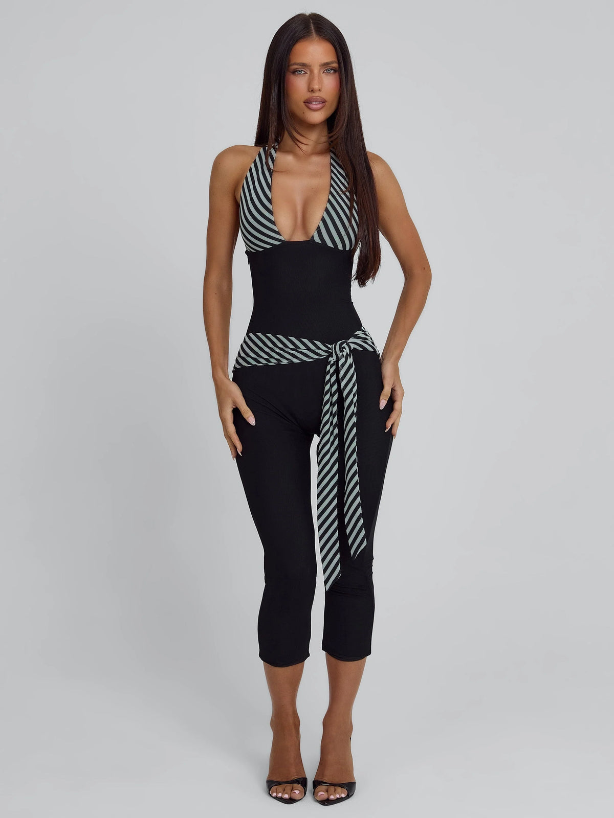 Outcast Malani Capri Jumpsuit - Black & White Striped Halter Jumpsuit - XS (Like New)