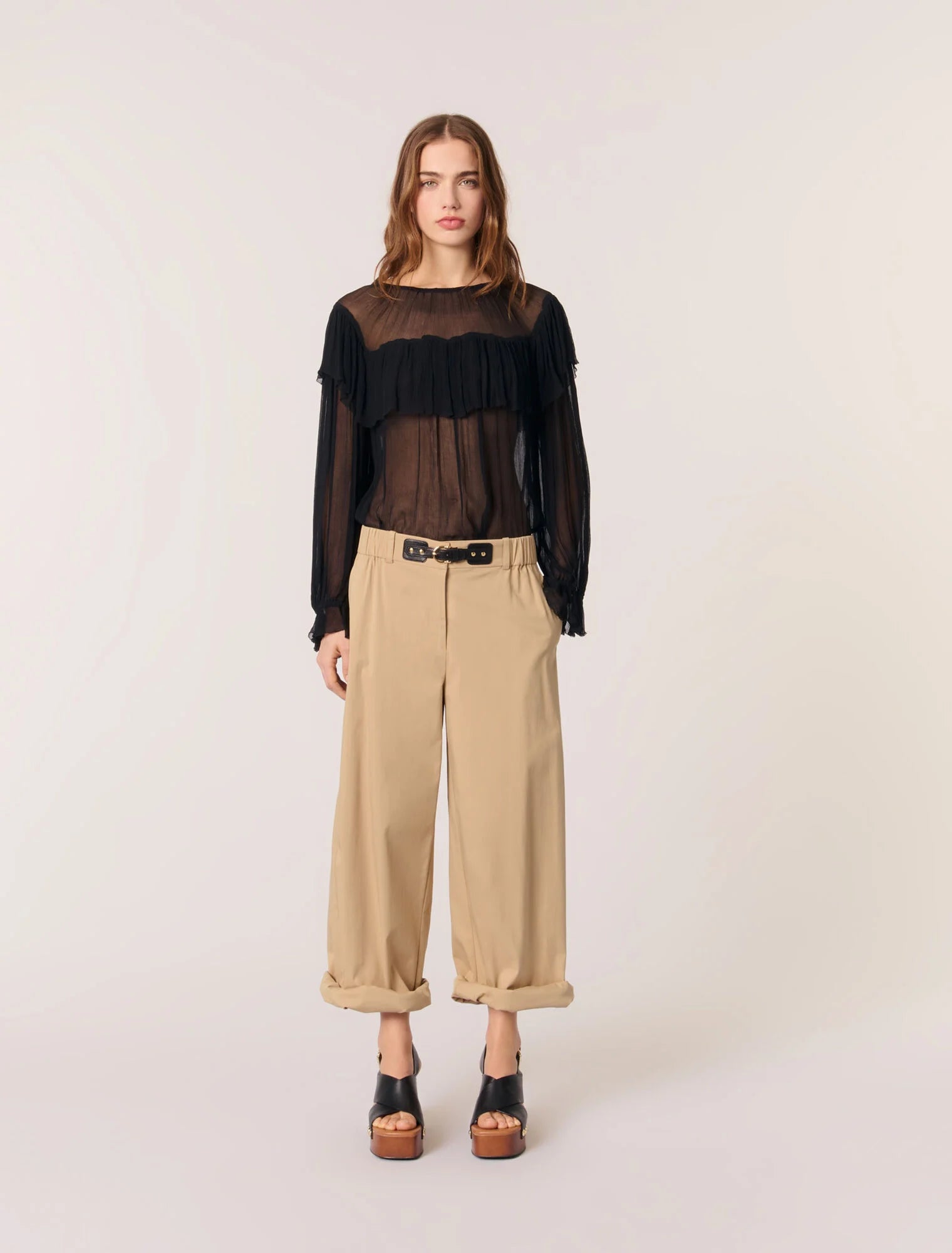 Maje - Ruffled Chiffon Top - Black Sheer Long Sleeve Blouse - Size 2 (Gently Used)