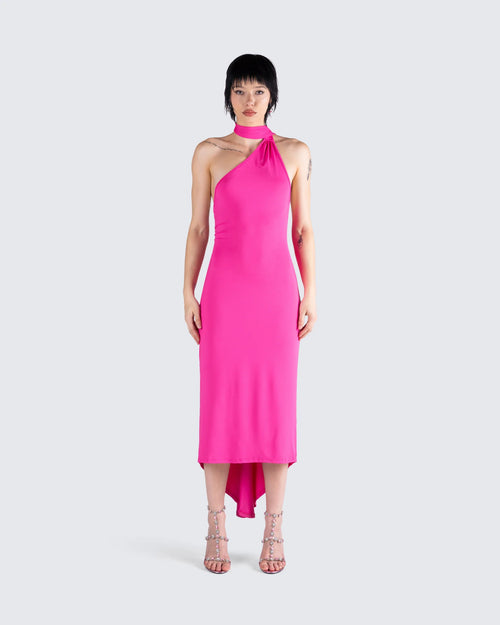 Finesse Hot Pink One-Shoulder Scarf Midi Dress (Like New)