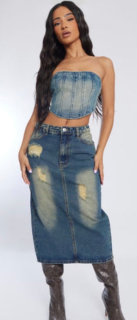 Pretty Little Thing- Petite Indigo Vintage Wash Distressed Denim Midi Skirt NEW WITH TAGS