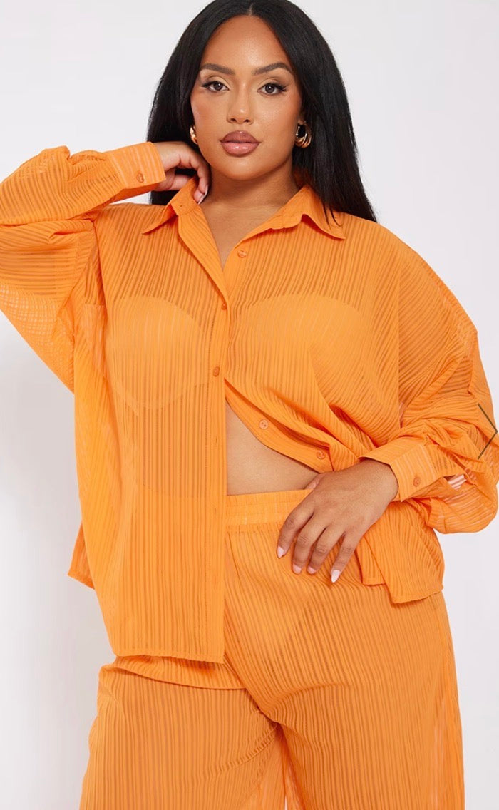 Pretty Little Thing- Plus Orange Sheer Stripe Oversized Shirt NEW WITH TAGS