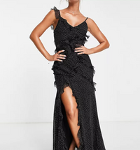 Asos- Black and Tan Polka Dot Ruffle Maxi Dress