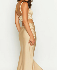 Beginning Boutique- "Sarah" Gold Corset Formal Maxi Dress NEW WITH TAGS