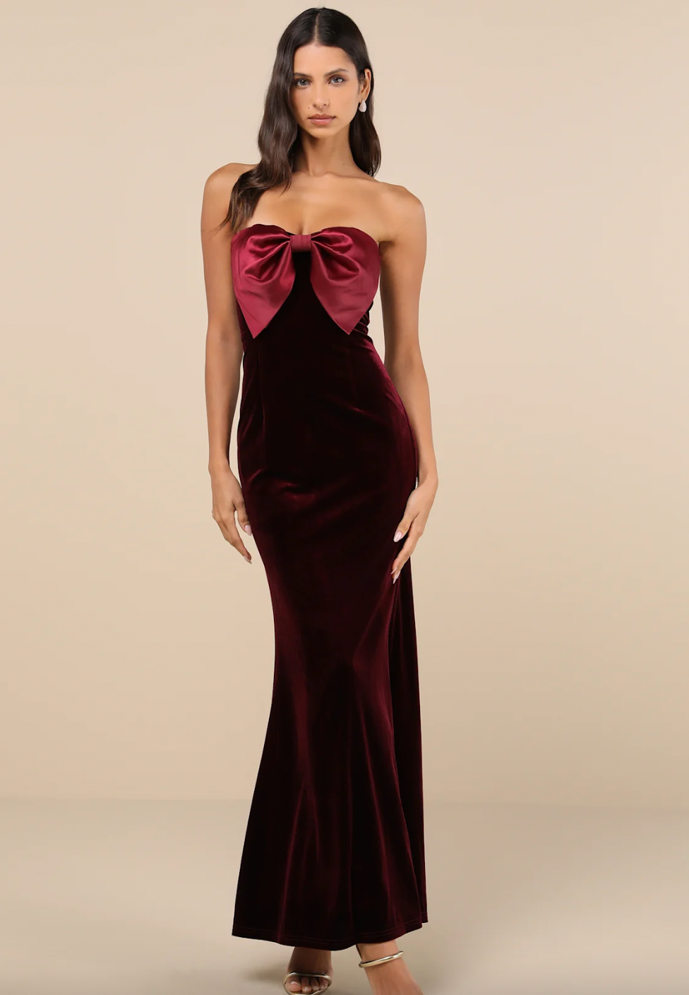 Lulus - Burgundy Satin Dress with Bow Detail