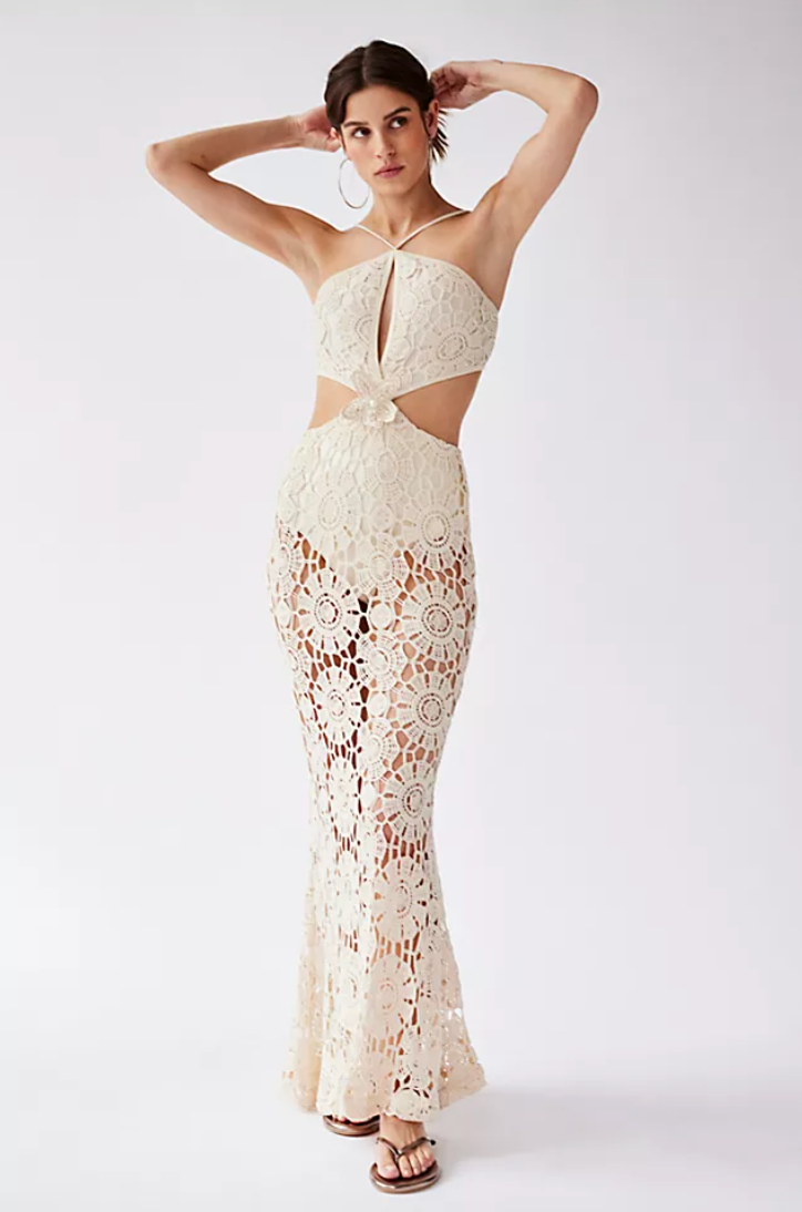 Embroidered Crochet Halterneck Maxi Dress