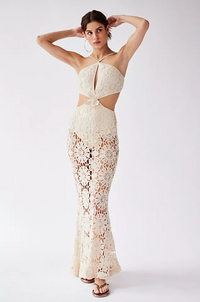 Embroidered Crochet Halterneck Maxi Dress