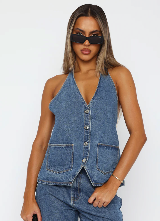 White Fox - Denim Halter Top - L (Like-New)