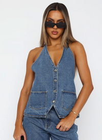 White Fox - Denim Halter Top - L (Like-New)