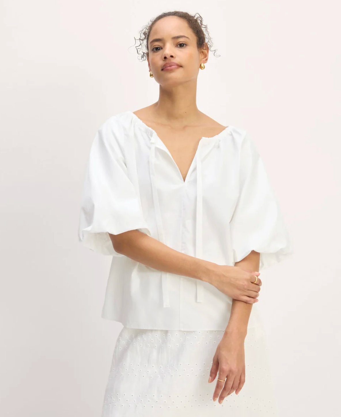 Everlane - White Puff-Sleeve Blouse - M (Like-New)