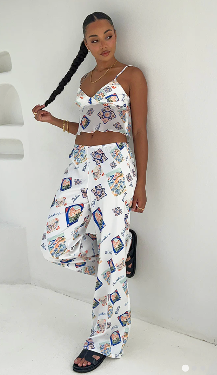 Beginning Boutique - Bridget White Satin Italia Print Pants & Tank - M (Like New)