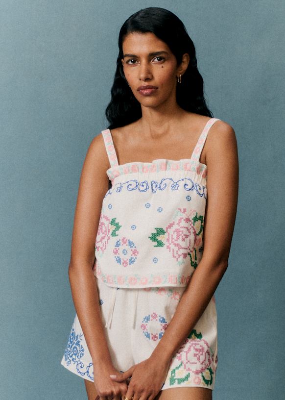 Sézane - Matching Set in Camelia Rose Vert - Luziana Top and Matilio Shorts - Size M (New With Tags)