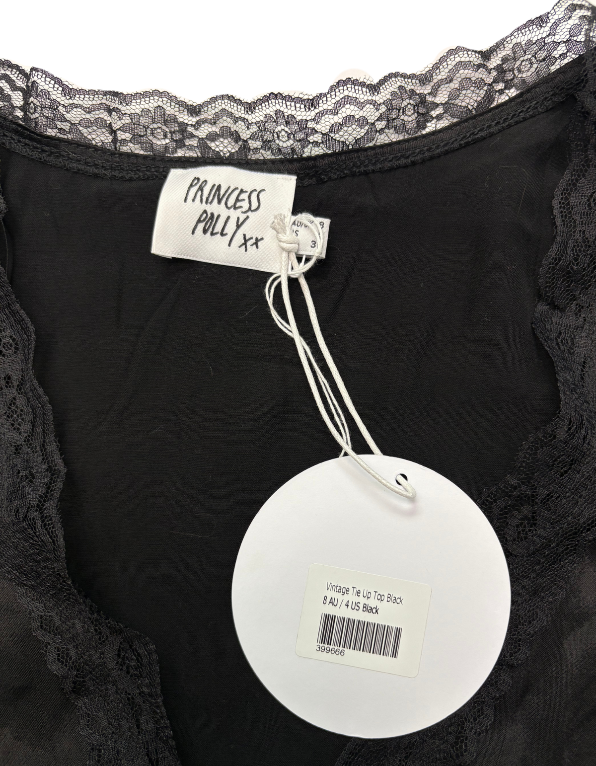 Princess Polly - Vintage Tie Up Top Black - S (New with Tags)