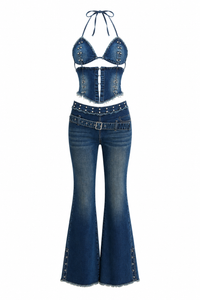 Fashion Nova - Showing Off Denim Pant Set Blue Wash - XS (Like New)