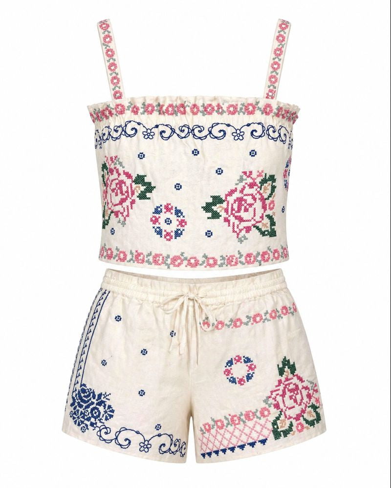 Sézane - Matching Set in Camelia Rose Vert - Luziana Top and Matilio Shorts - Size M (New With Tags)