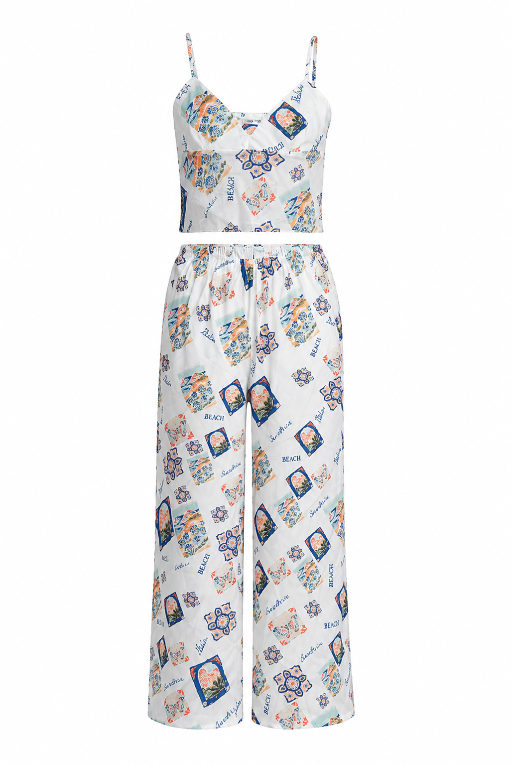 Beginning Boutique - Bridget White Satin Italia Print Pants & Tank - M (Like New)