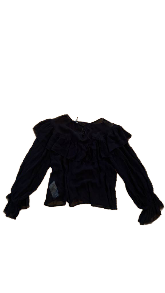 Maje - Ruffled Chiffon Top - Black Sheer Long Sleeve Blouse - Size 2 (Gently Used)