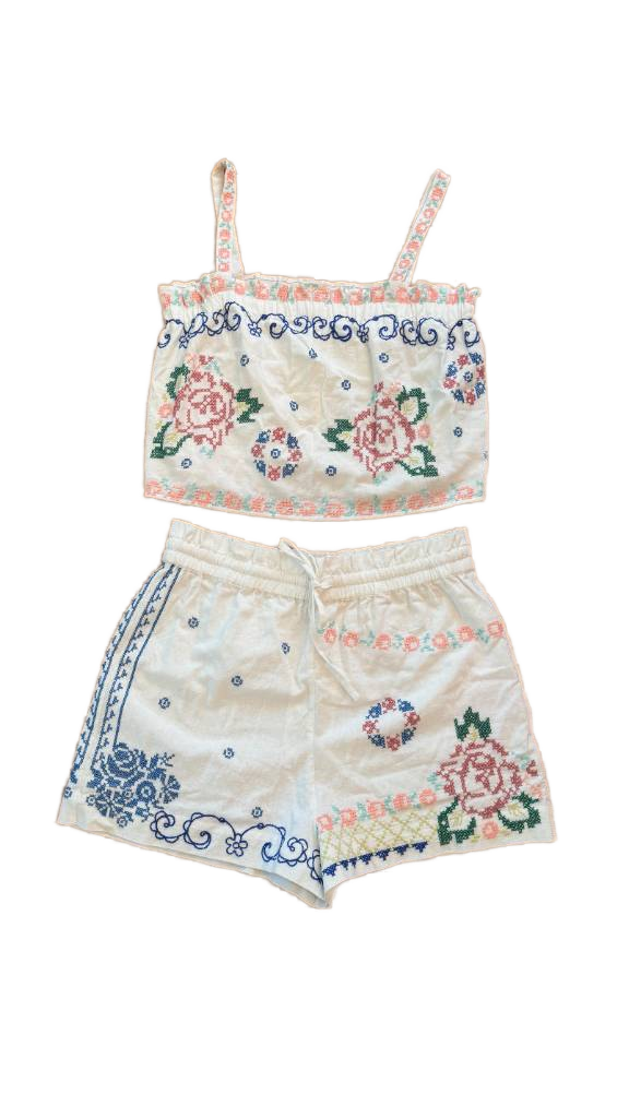 Sézane - Matching Set in Camelia Rose Vert - Luziana Top and Matilio Shorts - Size M (New With Tags)