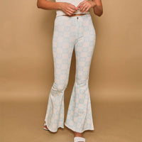 Kris Blue Daisy Checkered Print Flare Pants - FINAL SALE