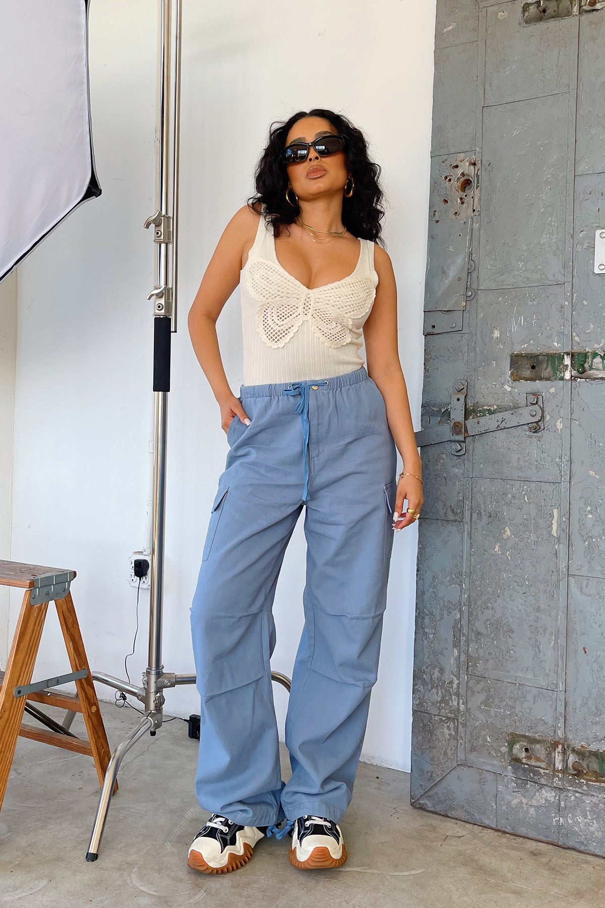 Walk on By Dusty Blue Tie Waist Parachute Pants - FINAL SALE