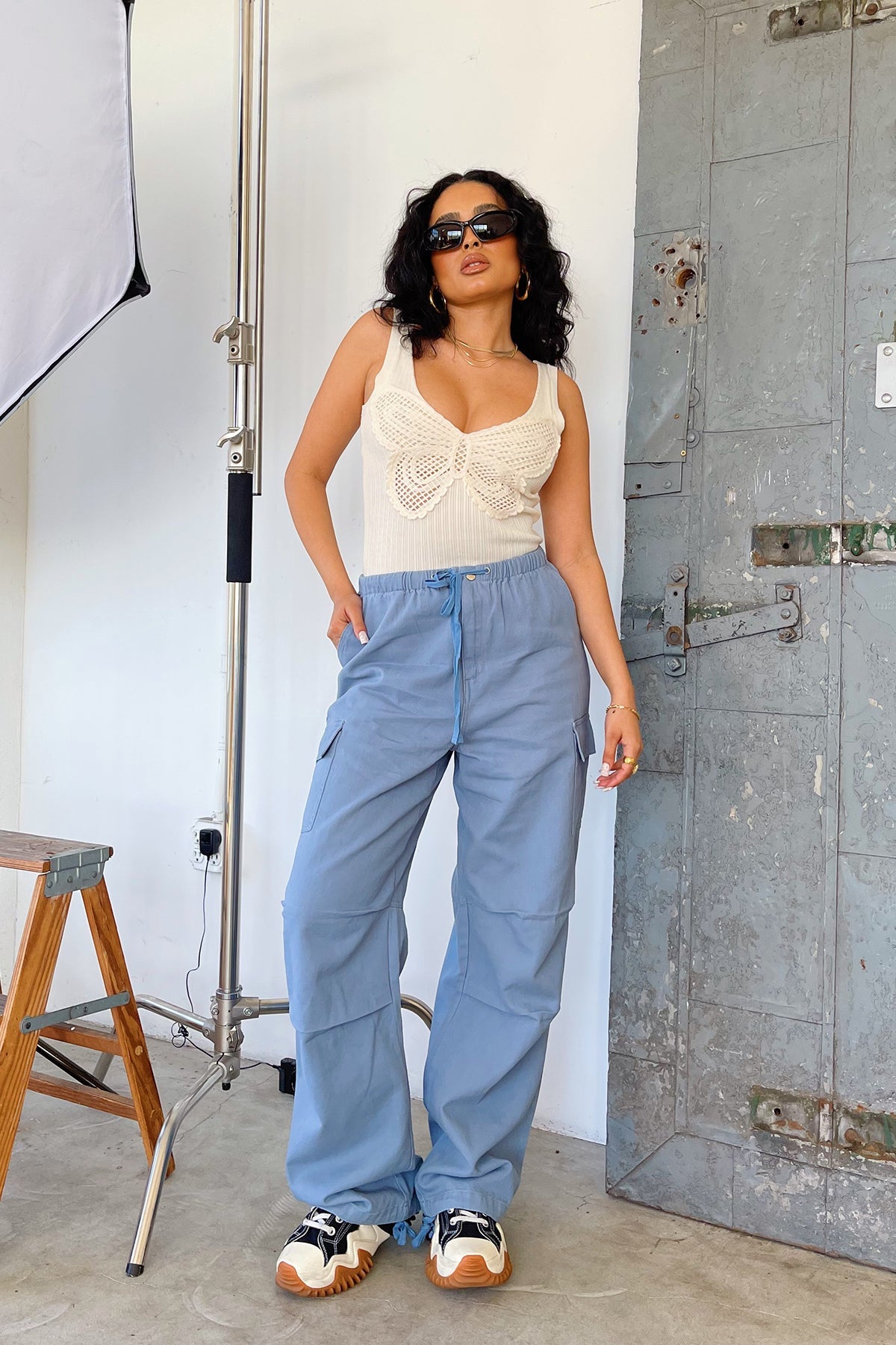 Walk on By Dusty Blue Tie Waist Parachute Pants - FINAL SALE