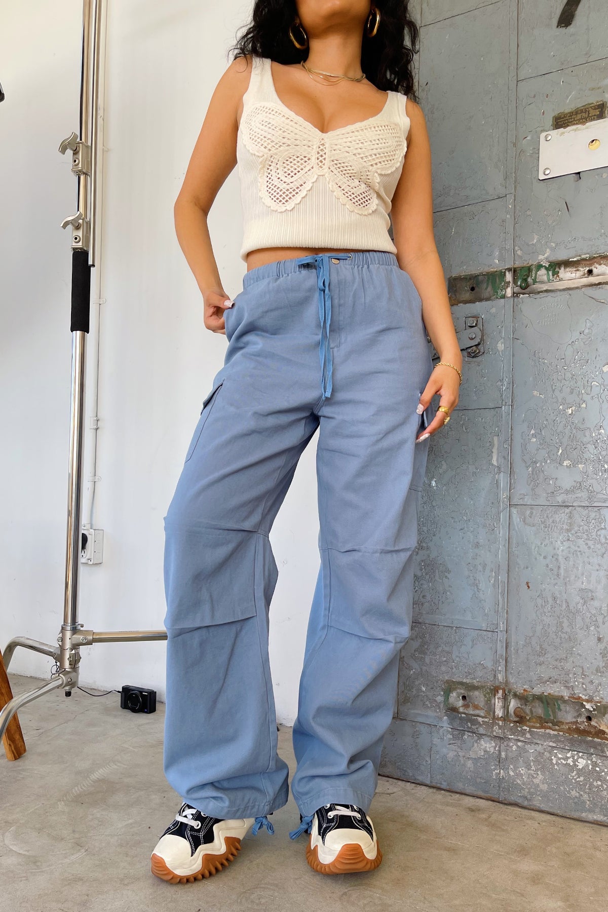 Walk on By Dusty Blue Tie Waist Parachute Pants - FINAL SALE