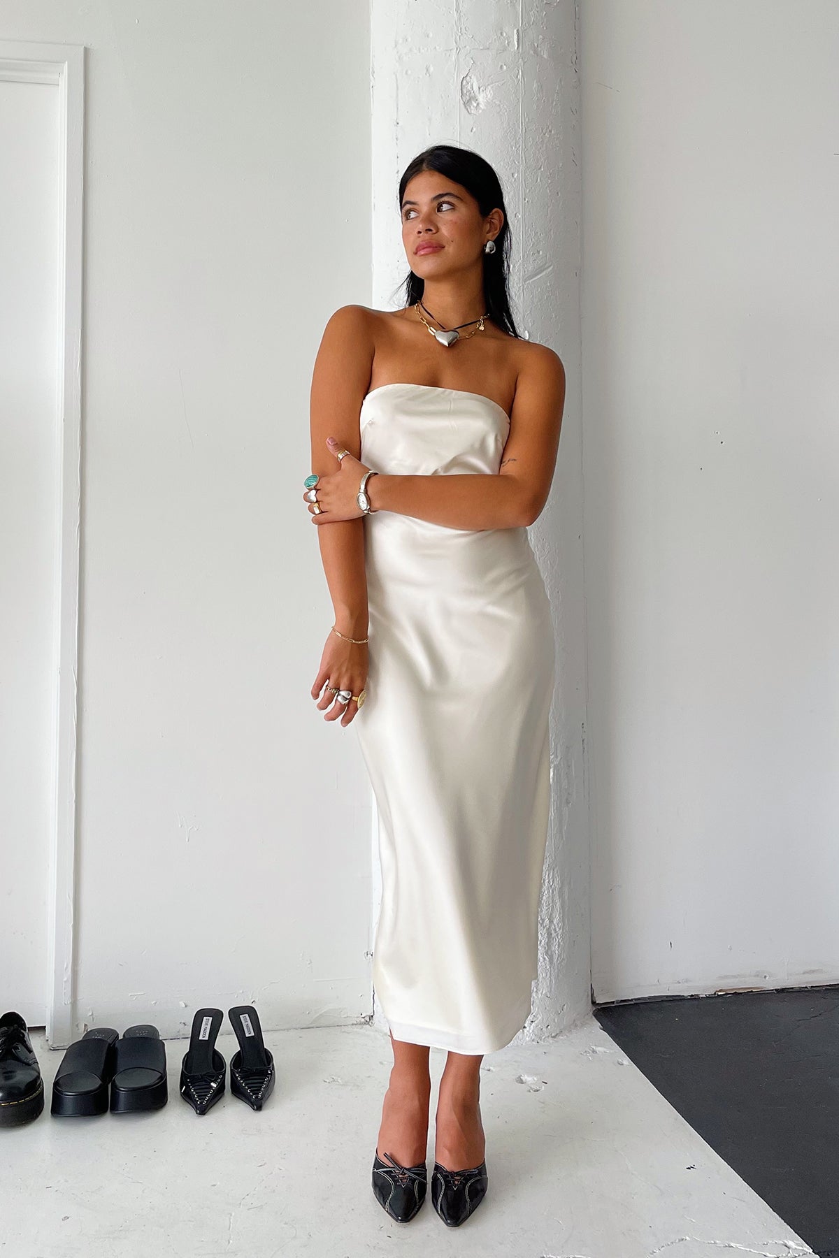 Cream Satin Strapless Midi Dress - FINAL SALE