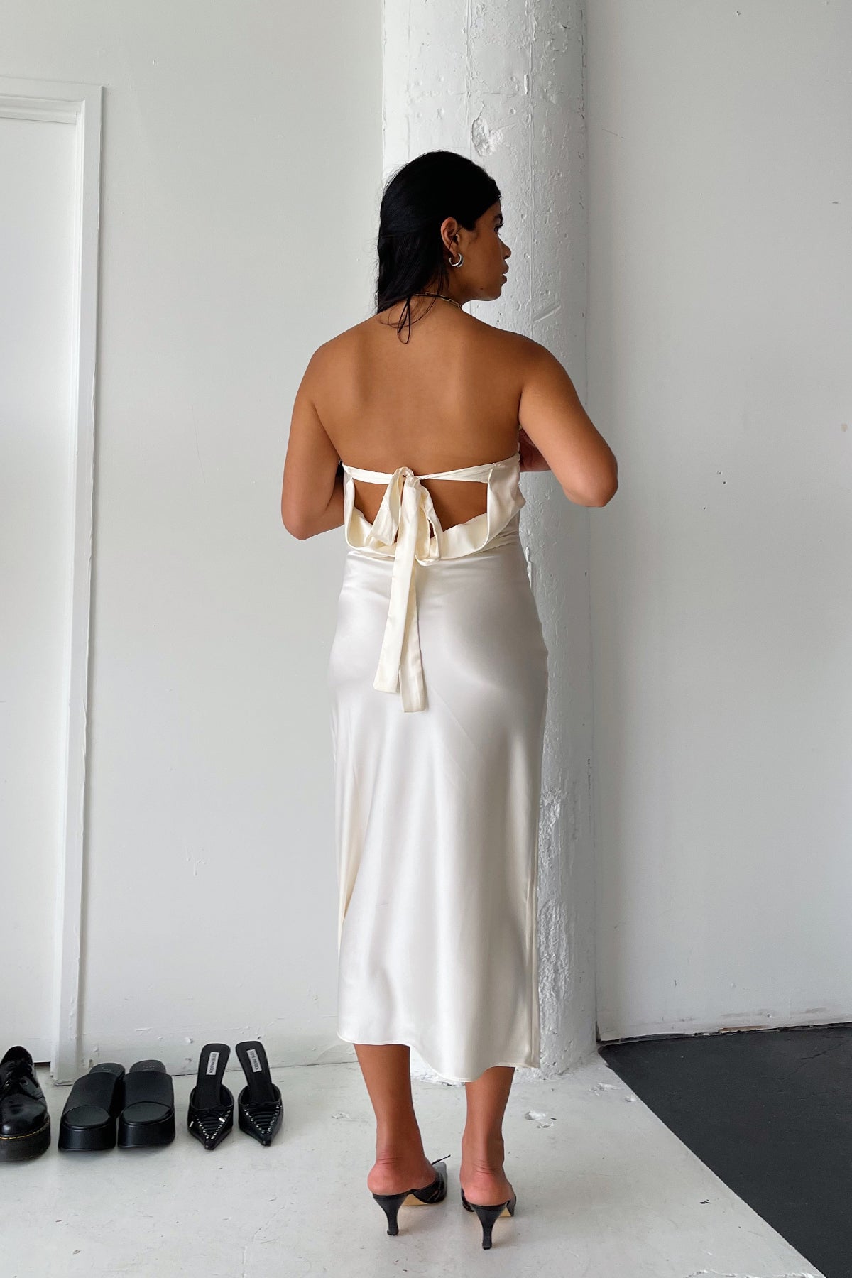 Cream Satin Strapless Midi Dress - FINAL SALE