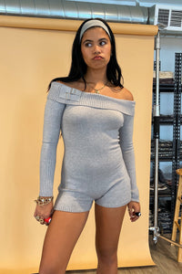 Double Take Light Grey Knit Off the Shoulder Long Sleeve Romper - FINAL SALE