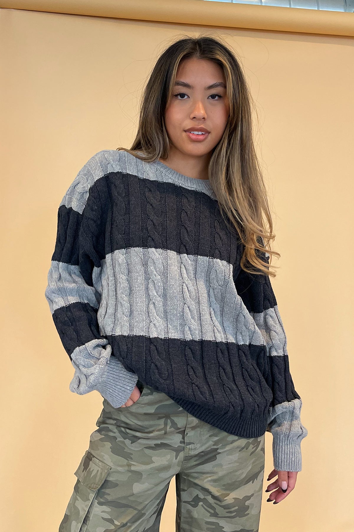 Between the Lines Grey and Charcoal Cable Knit Sweater - FINAL SALE